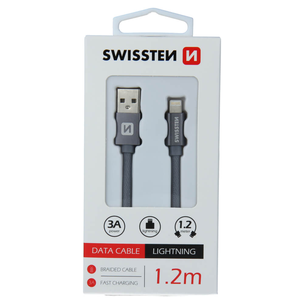 Textilný dátový kábel Swissten USB / LIGHTNING 1,2 M - šedý
